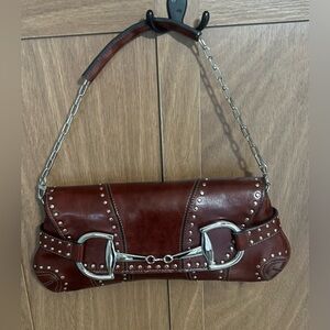 Rina Rich vintage red/brown studded leather top handle bag horsebit design Y2K